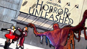 Universal Horror Unleashed warehouse logo with Jack and Chance and a spooky scarecrow figure.