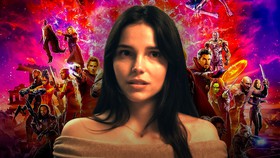Inde Navarrette with MCU heroes in the background.