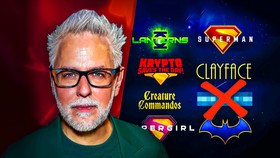 James Gunn's face, logos for DC movies and shows