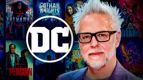 James Gunn, DC logo, superhero shows in background