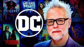 James Gunn, DC logo, DC TV posters in backgorund