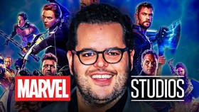 Josh Gad, Marvel Studios logo, Avengers characters in background