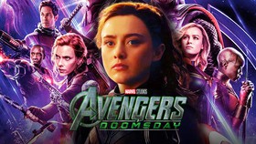 Kathryn Newton as Cassie Lang alongside numerous MCU characters; Avengers: Doomsday logo.