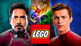 LEGO Marvel wallpaper with Iron Man and Spider-Man, LEGO logo