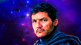 Pedro Pascal with no helmet in The Mandalorian with purple background.