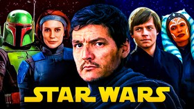 MandoVerse main characters, Star Wars logo