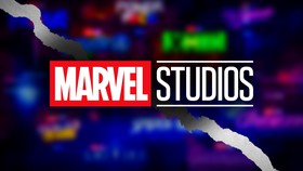 Marvel Studios logo, movie and tv logos blurred in background