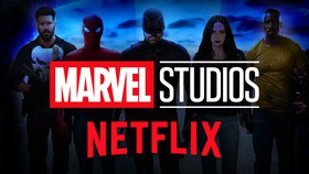 Marvel Studios and netflix logos, MCU heroes silhouettes