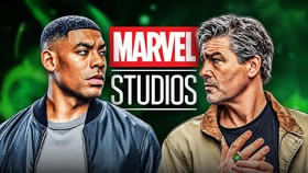 Aaron Pierce and Kyle Chandler in Lanterns in front of Marvel Studios.