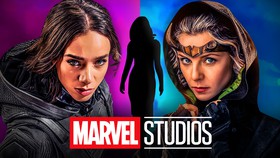 Marvel Studios villains Ghost and Sylvie, Marvel Studios logo, villain woman silhouette