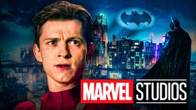 Marvel Studios logo, Gotham City skyline with Bat Signal and Batman Peter Parker no mask