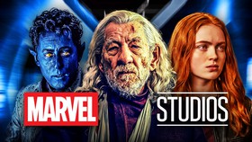 Magneto, Nightcrawler, and Jean Grey behind the Marvel Studios logo.