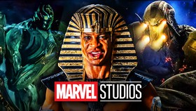 Rama-Tut and two Celestials behind the Marvel Studios logo.