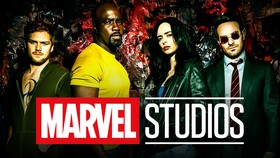 Defenders characters Iron Fist, Luke Cage, Jessica Jones and Matt Murdock; Marvel Studios logo.