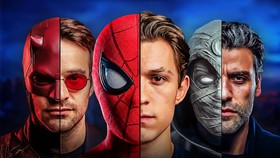 Peter Parker, Matt Murdock, and Marc Spector next to their superhero masks.