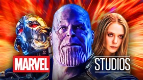 Marvel Studios logo; Ultron, Thanos, and Scarlet Witch.