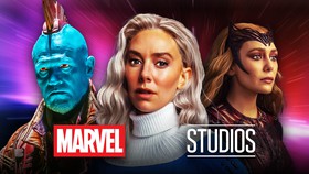Marvel heroes Yondu, Sue Storm, Wanda; Marvel Studios logo.