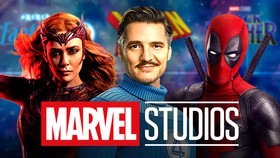 Scarlet Witch, Reed Richards, Deadpool; Marvel Studios logo.