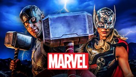 Captain America, Jane Foster, Mjolnir, Marvel logo.