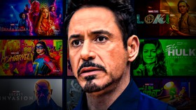 Tony Stark, Marvel Disney+ TV posters in background