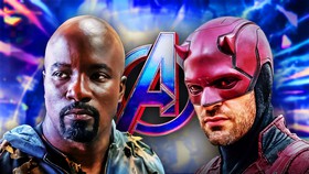 Daredevil and Luke Cage in front of the Avengers logo.