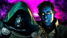 Doctor Doom and Nightcrawler in front of a purple background.