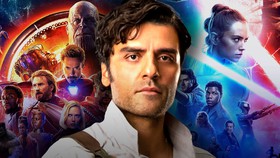 Oscar Isaac as Poe Dameron, Avengers: Infinity War and Star Wars posters.