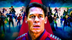 Peacemaker in front of DC superheroes.