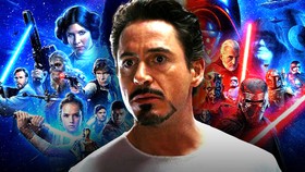 Robert Downey Jr. as Tony Stark with Star Wars characters in the background.