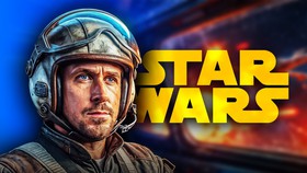 Ryan Gosling alongside Star Wars logo.