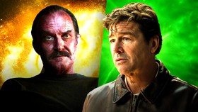 Hal Jordan in front of a green background next to Sinestro in front of a yellow one.