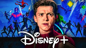 Spider-Man, played by Tom Holland, Disney Plus logo, MCU Avengers characters in background
