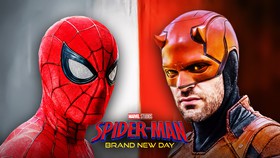 Spider-Man, Charlie Cox as Daredevil, 'Spider-Man: Brand New Day' title card.