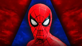 Spider-Man in front of a red and blue background.