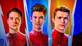 Live-action Spider-Men Tobey Maguire, Andrew Garfield, and Tom Holland in Spider-Man suits