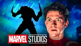 Tom Holland Spider-Man, Boomerang villain silhouette, Marvel Studios logo