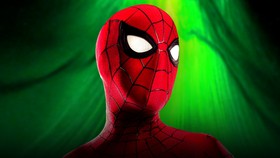 Tom Holland Spider-Man, green background.