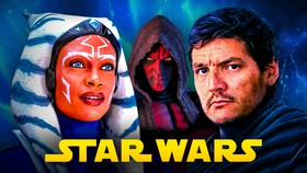 Ahsoka Tano, Darth Maul, Din Djarin, Star Wars logo.