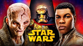 Snoke, Finn, and Captain Phasma behind the Star Wars logo.