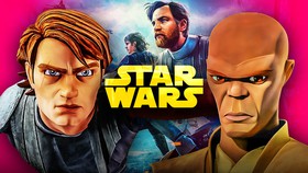 Mace Windu and Anakin Skywalker next to the Star Wars logo.