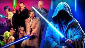 Star Wars Jedi masters holding lightsabers together