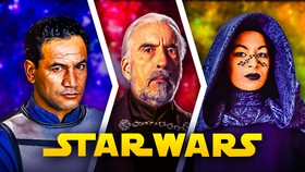 Jango Fett (no helmet) on left, Count Dooku in middle, and then Star Wars logo on bottom center