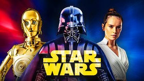 Lucasfilm characters Rey, Darth Vader and C-3PO alongside Star Wars' logo.