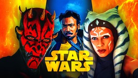 Star Wars characters Darth Maul, Lando Calrissian and Ahsoka Tano alongside Star Wars logo.