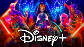 Star Wars villains Maul, Asajj Ventress, Palpatine, Darth Vader, Count Dooku, Disney plus logo