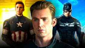 Steve Rogers in front of himself in two different Captain America costumes.