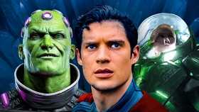 Superman, villains Brainiac and Lex Luthor in war suit