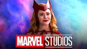 Elizabeth Olsen, Wanda Maximoff, Classic Scarlet Witch suit, Marvel Studios logo.