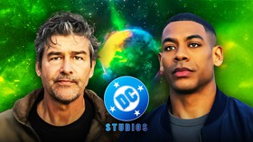 Green Lantern Kyle Chandler and Aaron Pierre, DC Studios logo