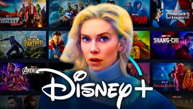 Sue Storm, Disney+ logo, and MCU movies and shows in background.